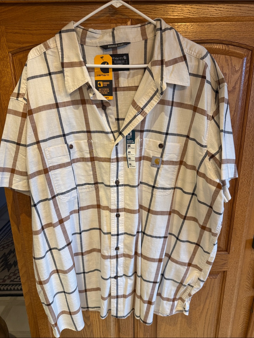 Carhartt Men’s Short Sleeve Windowpane Plaid Shirt - Cream, Brown, Black